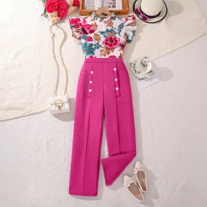 Girls' suits summer new style flying sleeves printed tops and trousers 7-12 years old