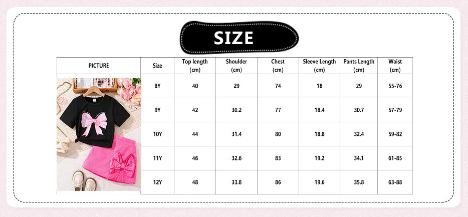 Girls suits summer street style INS trendy bow print short-sleeved T-shirt skirt pants two-piece set