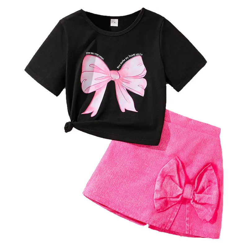 Girls suits summer street style INS trendy bow print short-sleeved T-shirt skirt pants two-piece set