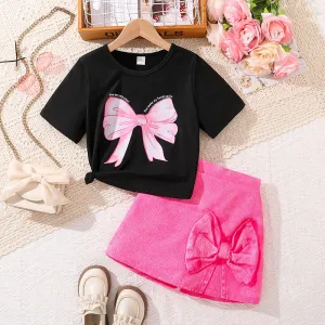 Girls suits summer street style INS trendy bow print short-sleeved T-shirt skirt pants two-piece set