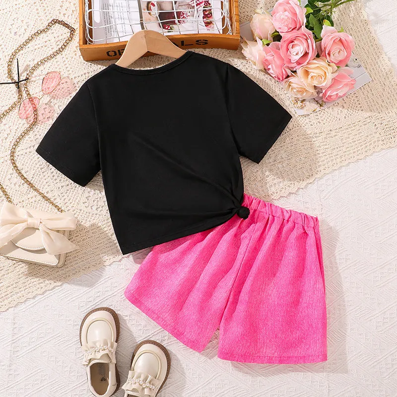 Girls suits summer street style INS trendy bow print short-sleeved T-shirt skirt pants two-piece set