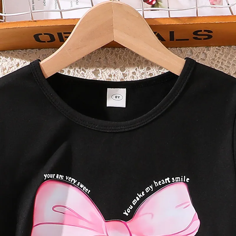 Girls suits summer street style INS trendy bow print short-sleeved T-shirt skirt pants two-piece set
