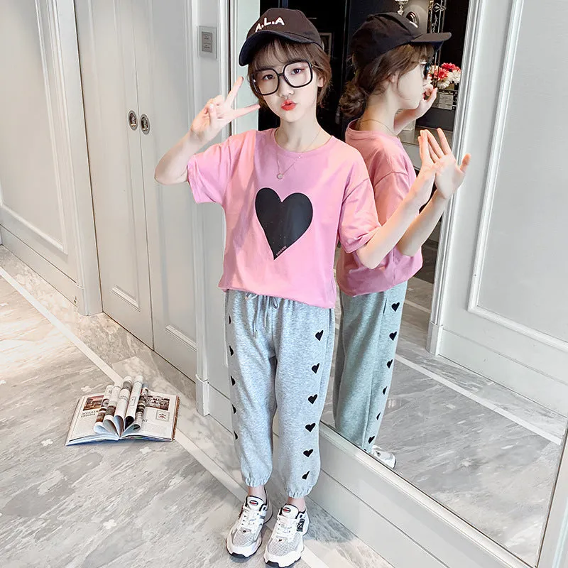 Girls Summer Suit New Korean Fashion Short-Sleeved Big Children's Summer Children's Net Red Sports Two-Piece Suit