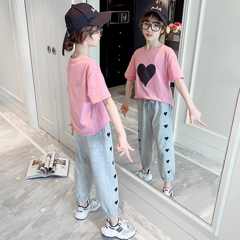 Girls Summer Suit New Korean Fashion Short-Sleeved Big Children's Summer Children's Net Red Sports Two-Piece Suit