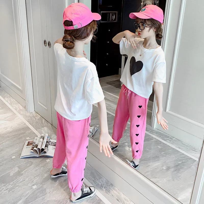 Girls Summer Suit New Korean Fashion Short-Sleeved Big Children's Summer Children's Net Red Sports Two-Piece Suit