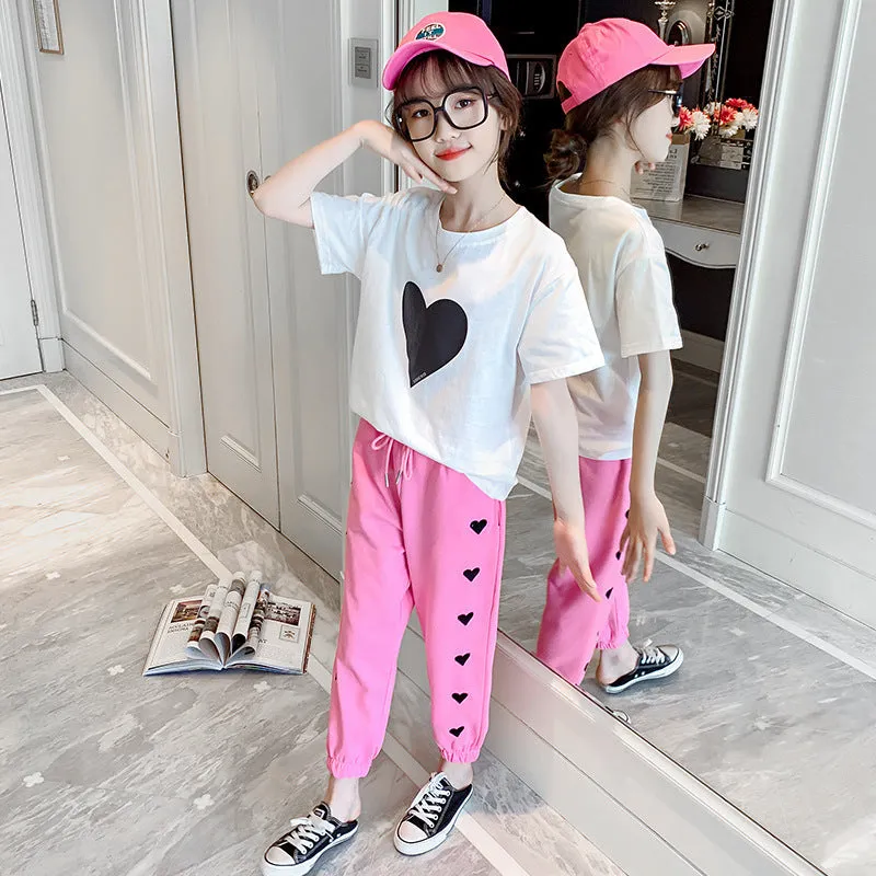 Girls Summer Suit New Korean Fashion Short-Sleeved Big Children's Summer Children's Net Red Sports Two-Piece Suit