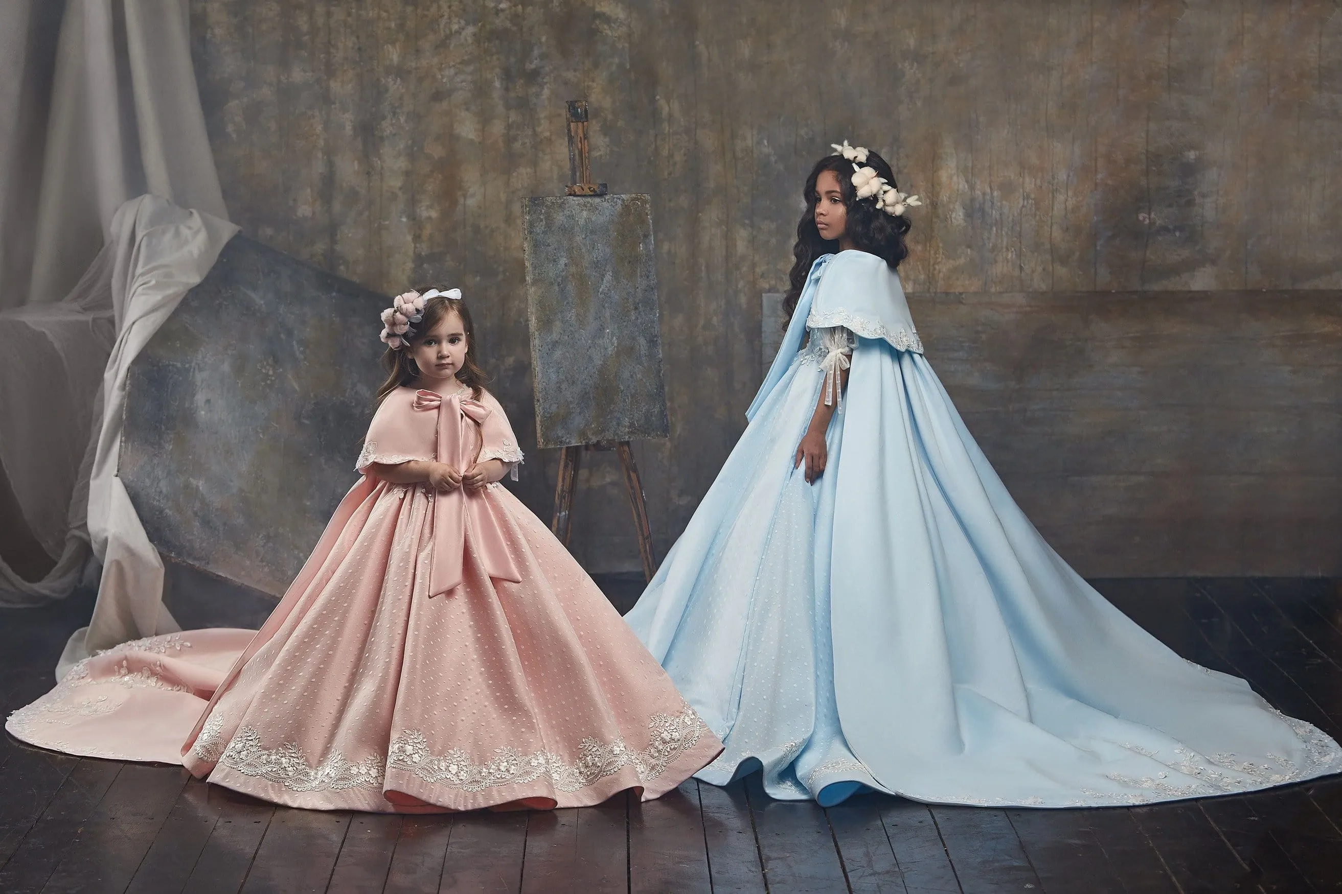 Girls Vintage Puffed Sleeve Ballgown Dress with Cape