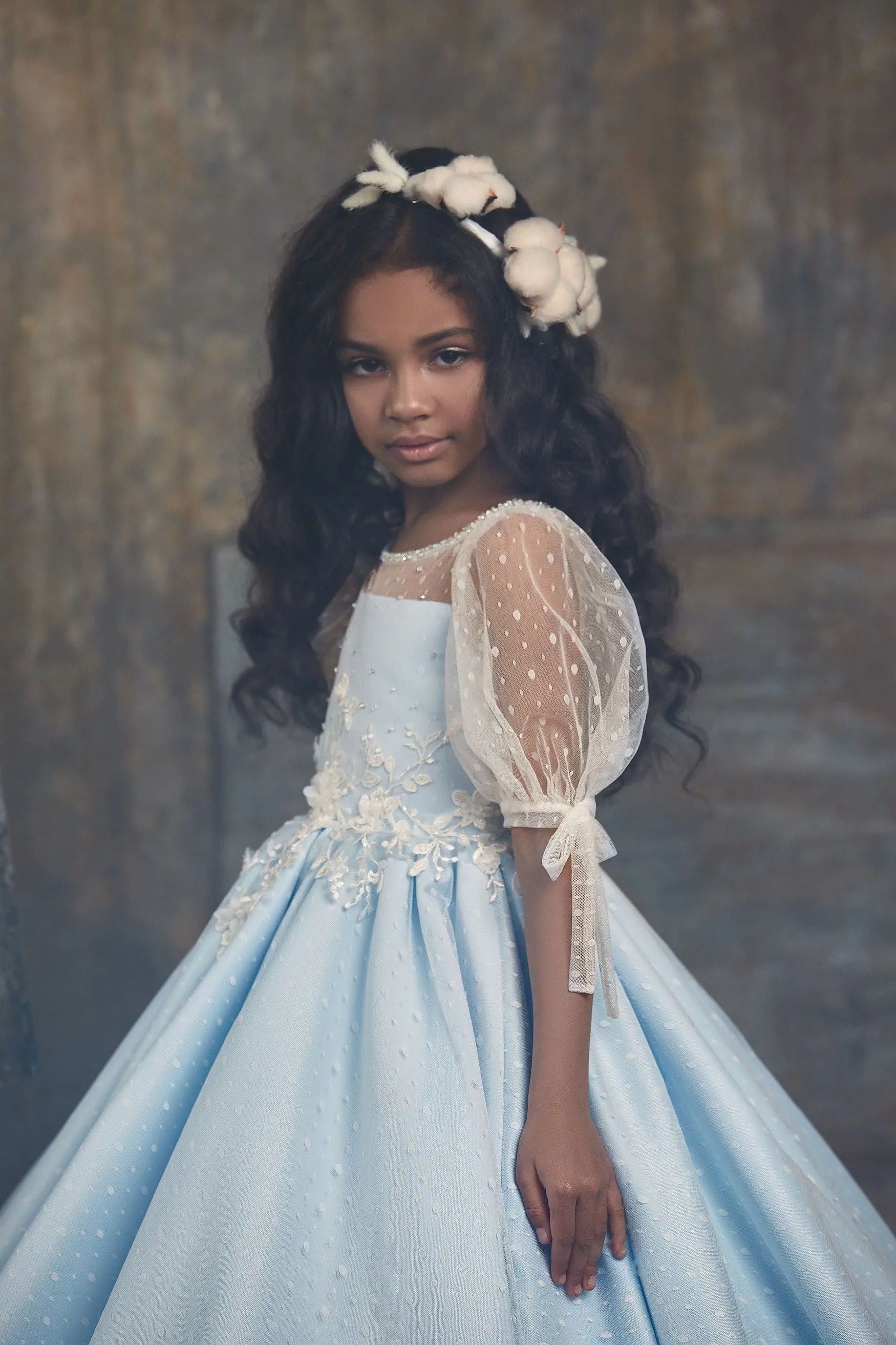 Girls Vintage Puffed Sleeve Ballgown Dress with Cape