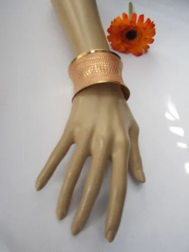 Gold Metal Cuff Wide Bracelet Pink Polka Dot Peach Colored Pattern