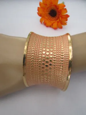 Gold Metal Cuff Wide Bracelet Pink Polka Dot Peach Colored Pattern