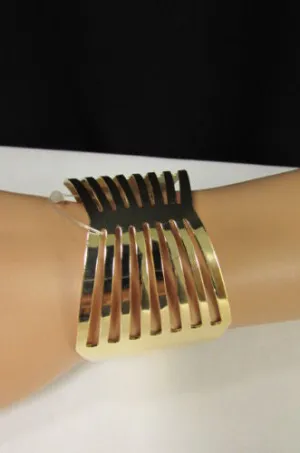 Gold Thin Metal Hand Cuff Bracelet Cut Out Bow Shapes