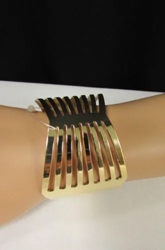 Gold Thin Metal Hand Cuff Bracelet Cut Out Bow Shapes