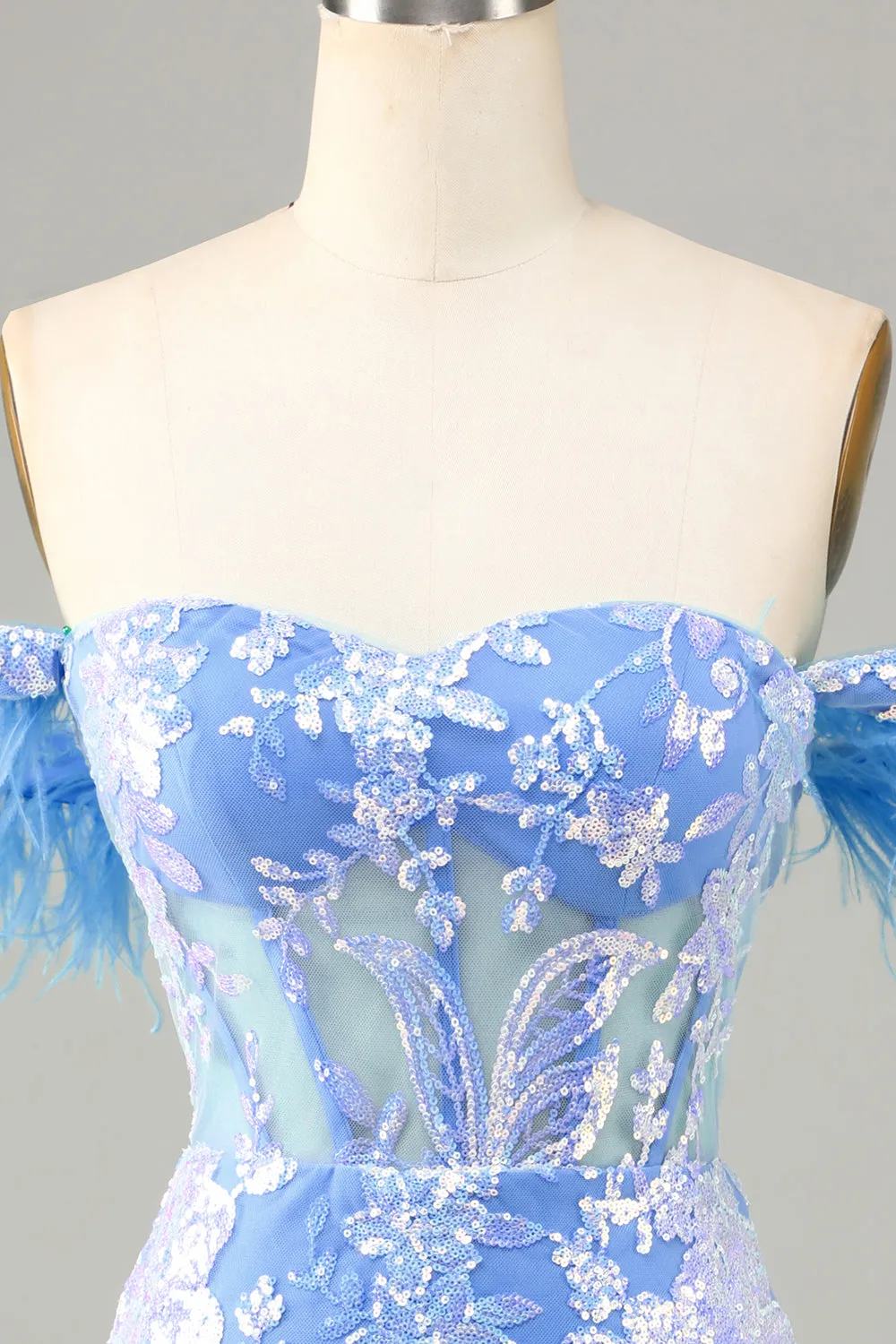 Gorgeous Sheath Off the Shoulder Blue Short Homecoming Dress with Feather