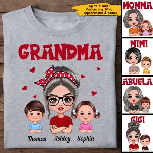 Grandma With Polka Dot Pattern Turban And Grandkids Personalized Shirt