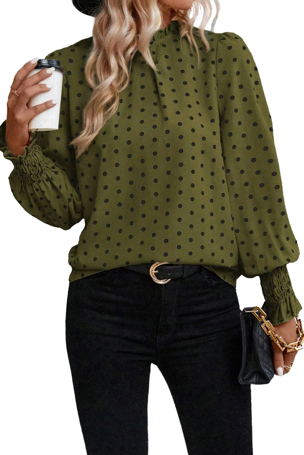 Green Polka Dot Print Frilled Collar Lantern Sleeve Blouse