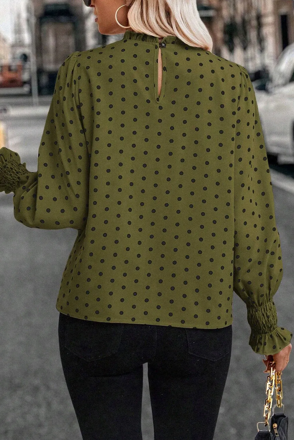 Green Polka Dot Print Frilled Collar Lantern Sleeve Blouse