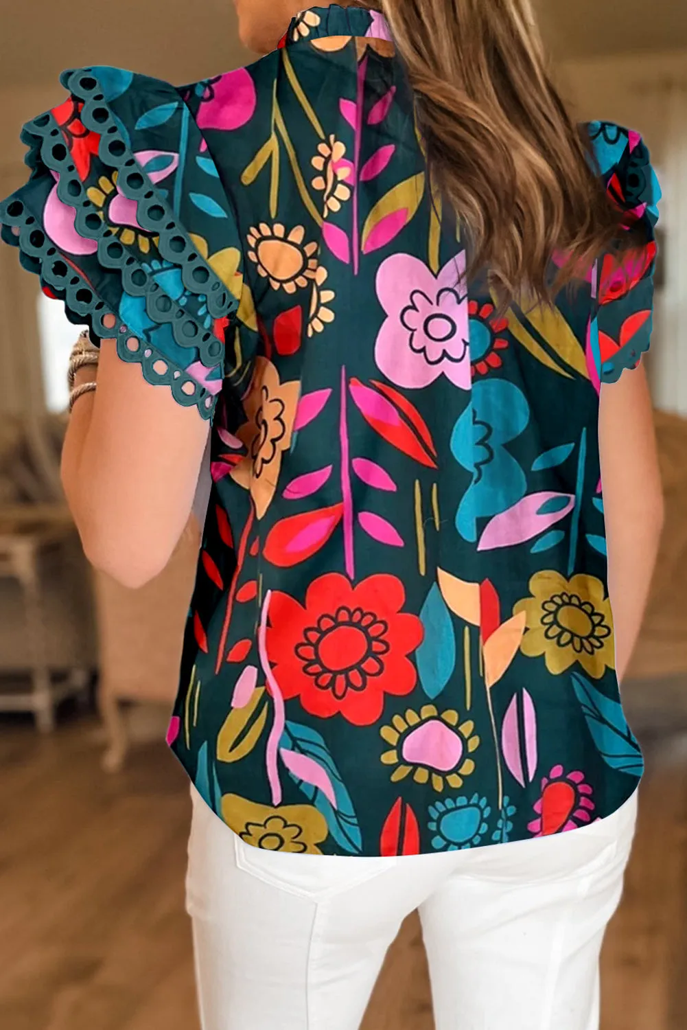 Green Trimmed Ruffle Sleeve Summer Floral Blouse