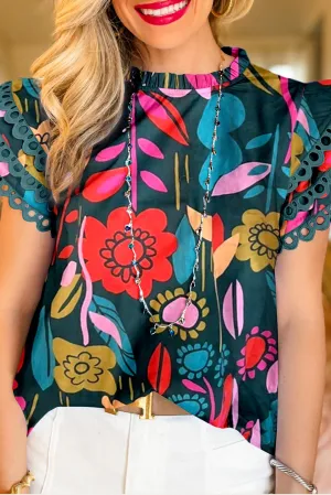 Green Trimmed Ruffle Sleeve Summer Floral Blouse