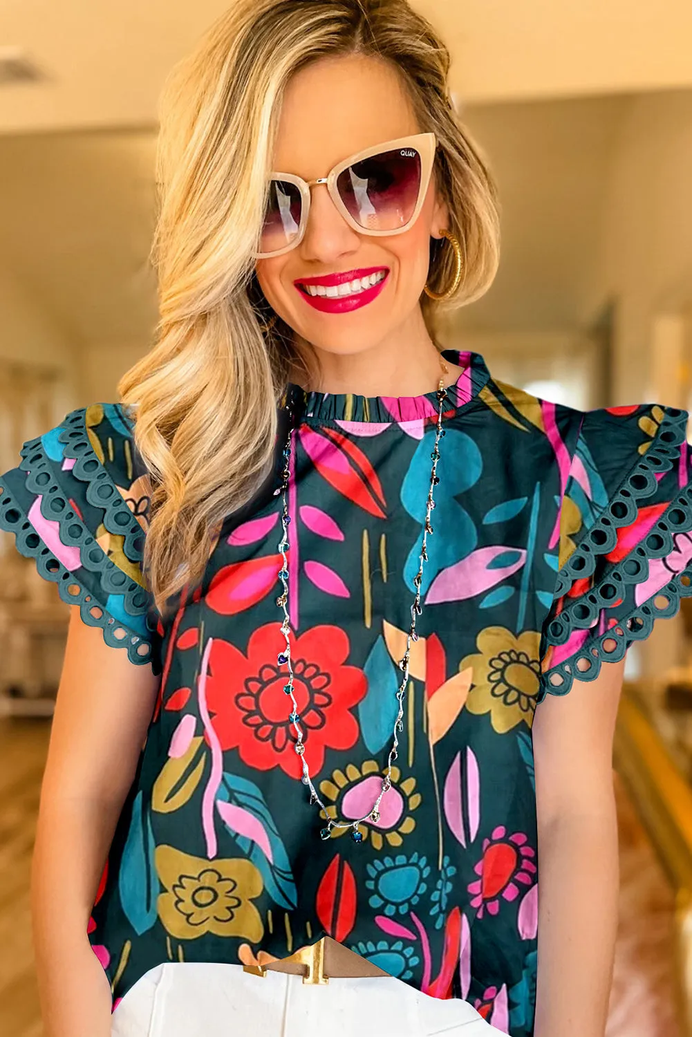 Green Trimmed Ruffle Sleeve Summer Floral Blouse