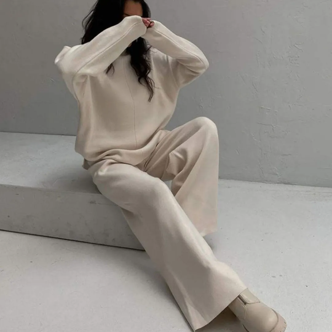 High Neck Pullover Sweater Wide Leg Pants Matching Set - Beige