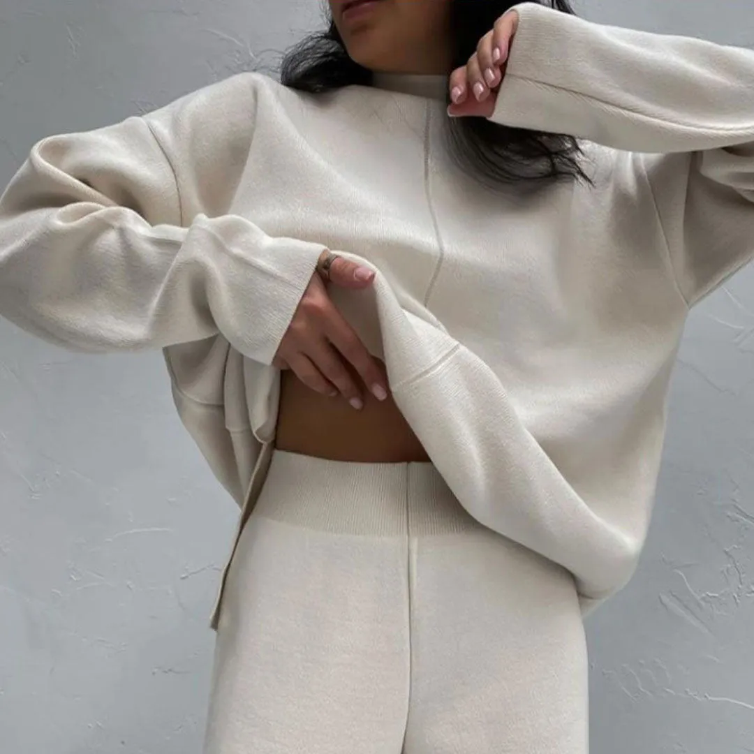 High Neck Pullover Sweater Wide Leg Pants Matching Set - Beige