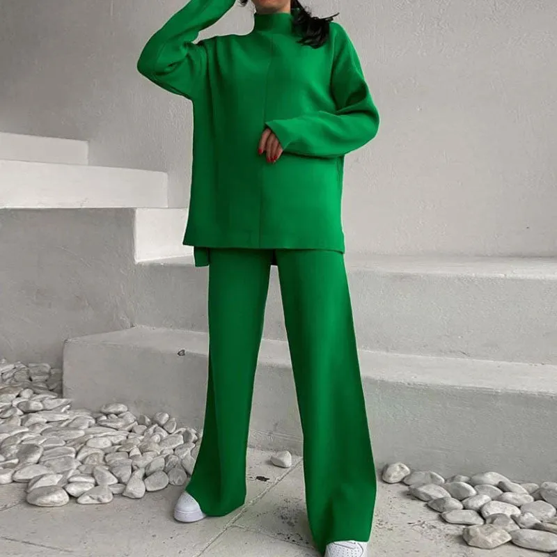 High Neck Pullover Sweater Wide Leg Pants Matching Set - Green