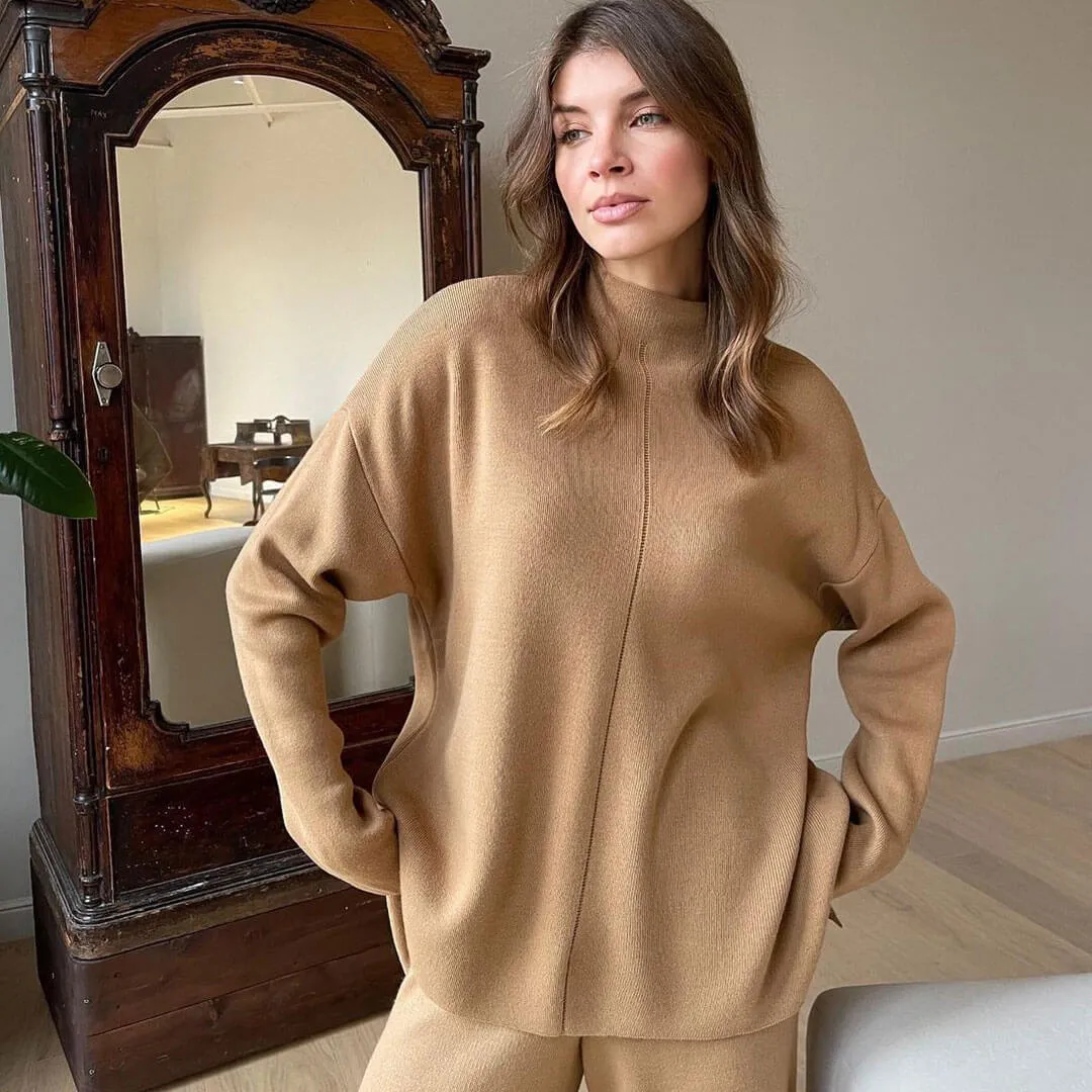 High Neck Pullover Sweater Wide Leg Pants Matching Set - Khaki