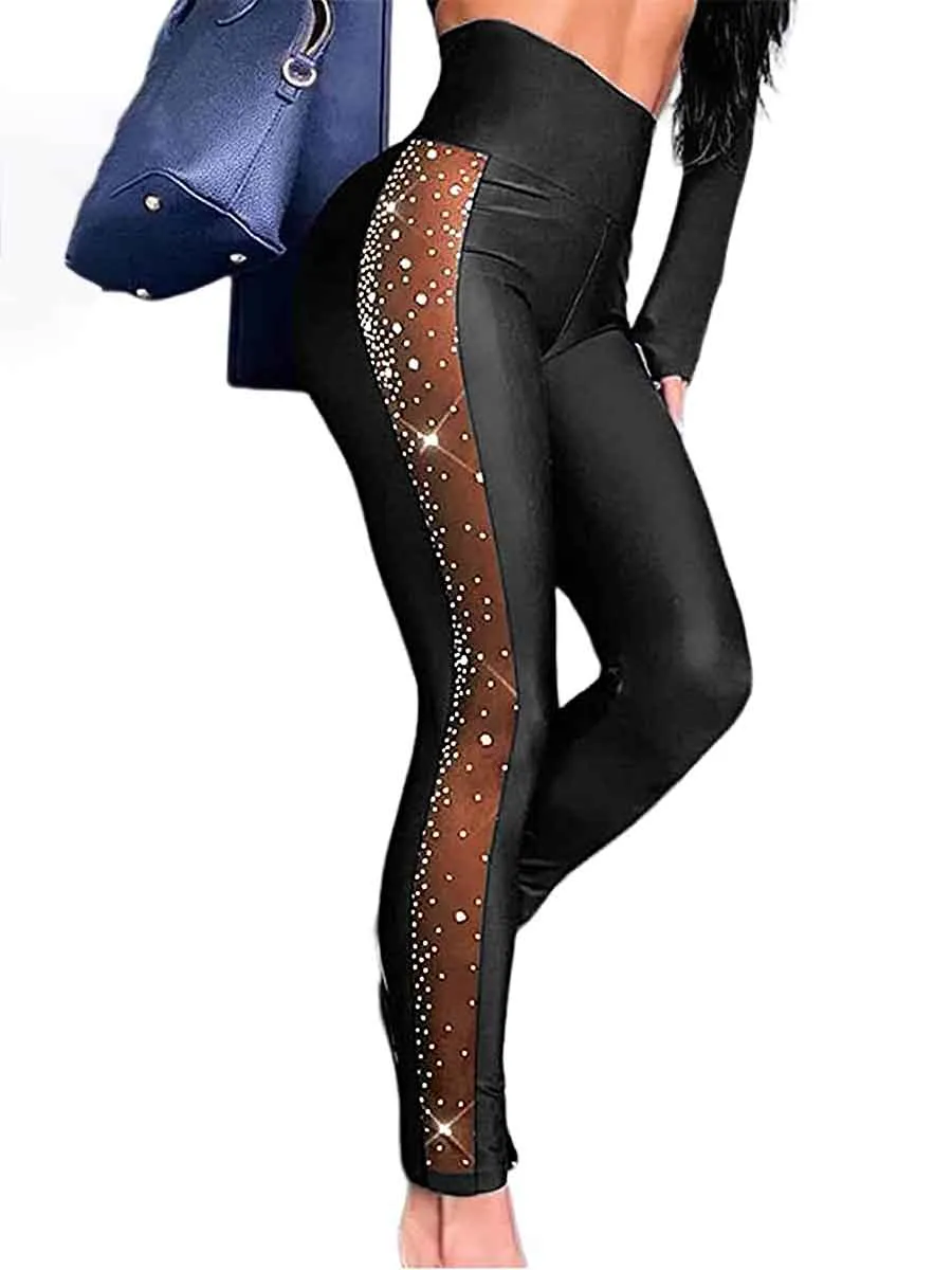 High Waist Black Pants With Rhinestones Down The Side