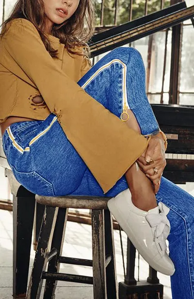 High Waist Denim Trousers Double Side Zipper Flared Casual Pants
