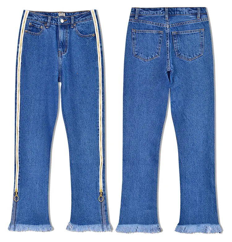 High Waist Denim Trousers Double Side Zipper Flared Casual Pants