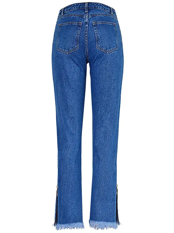 High Waist Denim Trousers Double Side Zipper Flared Casual Pants