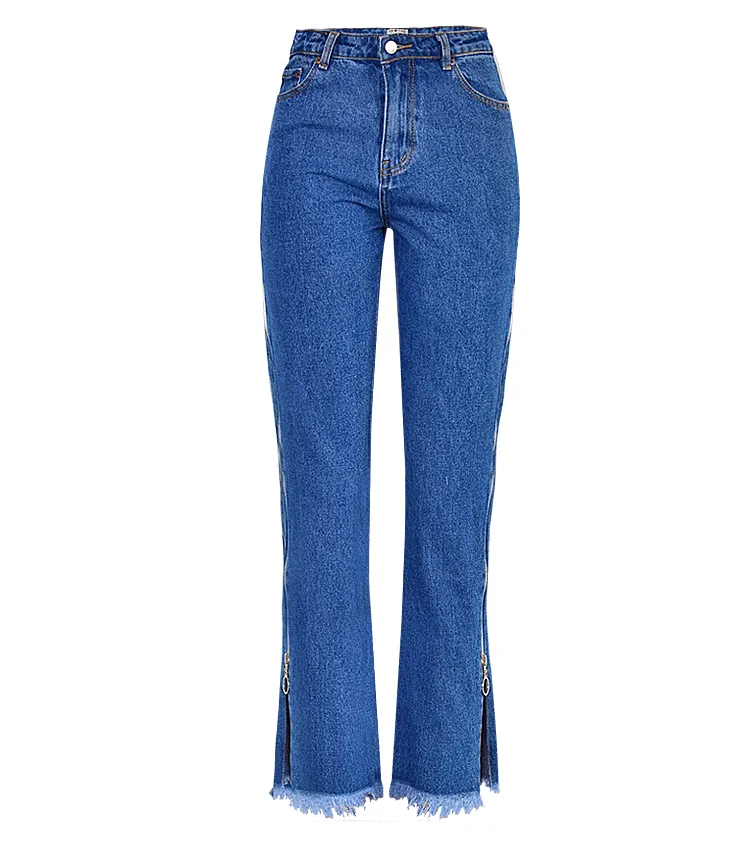 High Waist Denim Trousers Double Side Zipper Flared Casual Pants