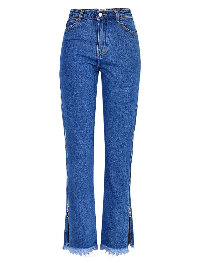 High Waist Denim Trousers Double Side Zipper Flared Casual Pants