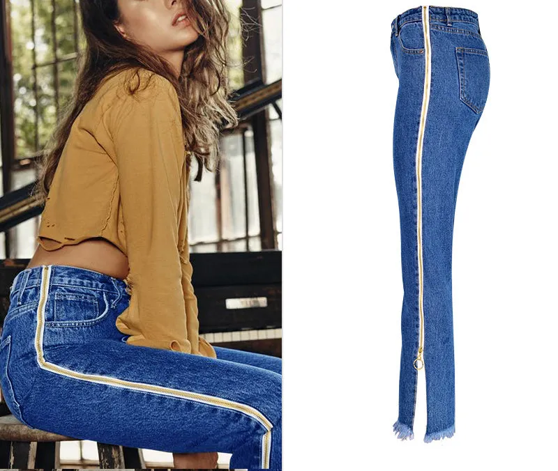 High Waist Denim Trousers Double Side Zipper Flared Casual Pants