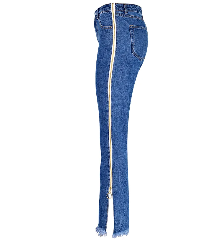 High Waist Denim Trousers Double Side Zipper Flared Casual Pants