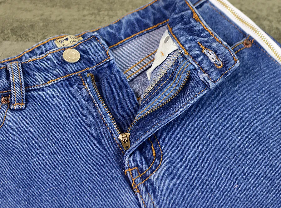 High Waist Denim Trousers Double Side Zipper Flared Casual Pants