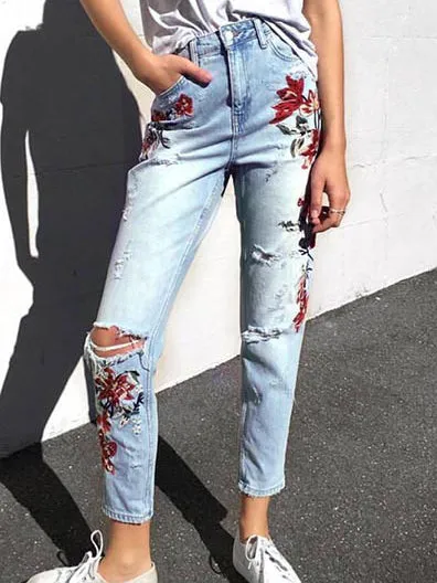 High-waist Embroidery Irregular Denim Pants