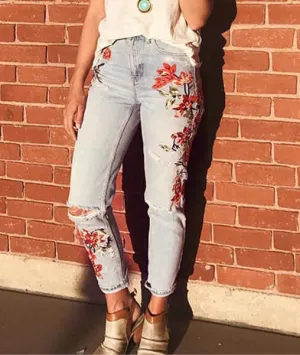 High-waist Embroidery Irregular Denim Pants