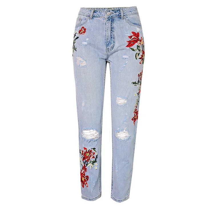 High-waist Embroidery Irregular Denim Pants