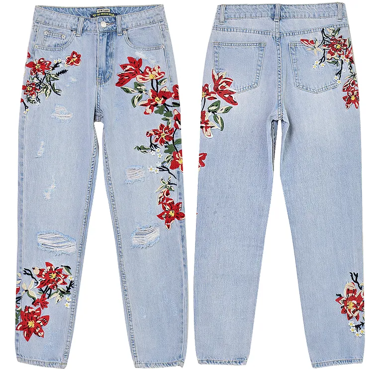 High-waist Embroidery Irregular Denim Pants