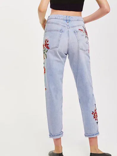 High-waist Embroidery Irregular Denim Pants