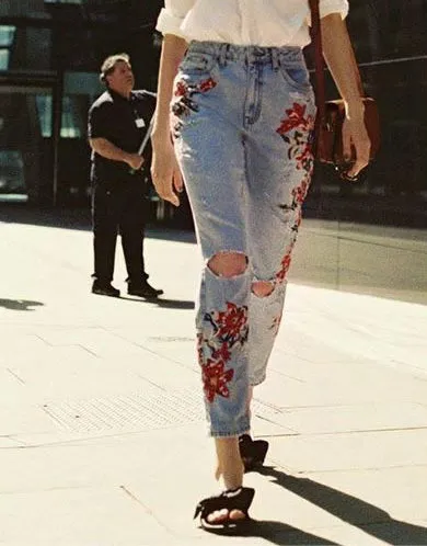 High-waist Embroidery Irregular Denim Pants