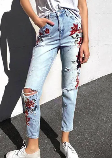 High-waist Embroidery Irregular Denim Pants