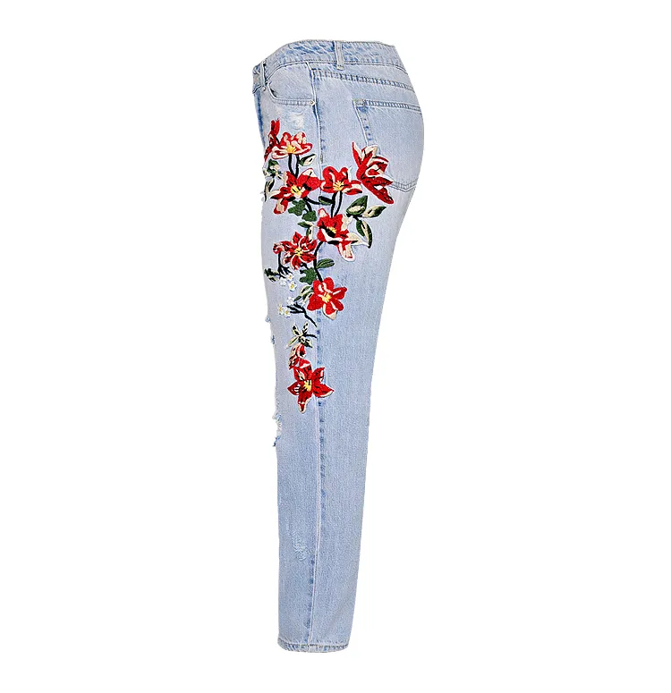 High-waist Embroidery Irregular Denim Pants