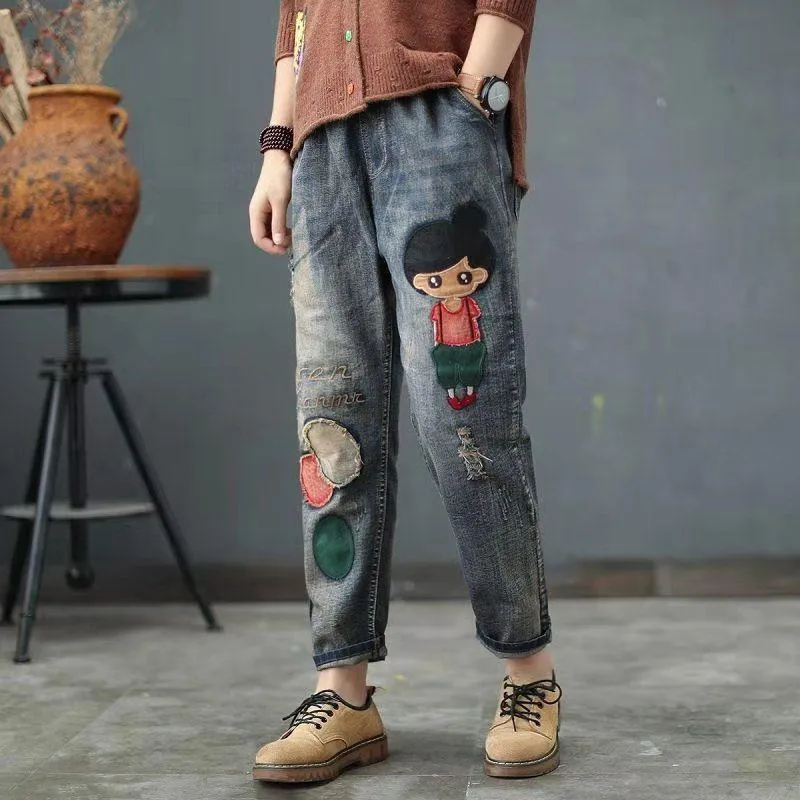 High Waist Jeans Ladies Loose Plus Size Spring and Autumn Students Elastic Waist Casual Ethnic Style Harem Pants Trousers Women