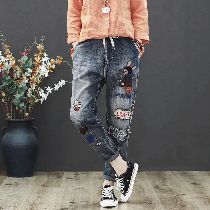 High Waist Jeans Ladies Loose Plus Size Spring and Autumn Students Elastic Waist Casual Ethnic Style Harem Pants Trousers Women
