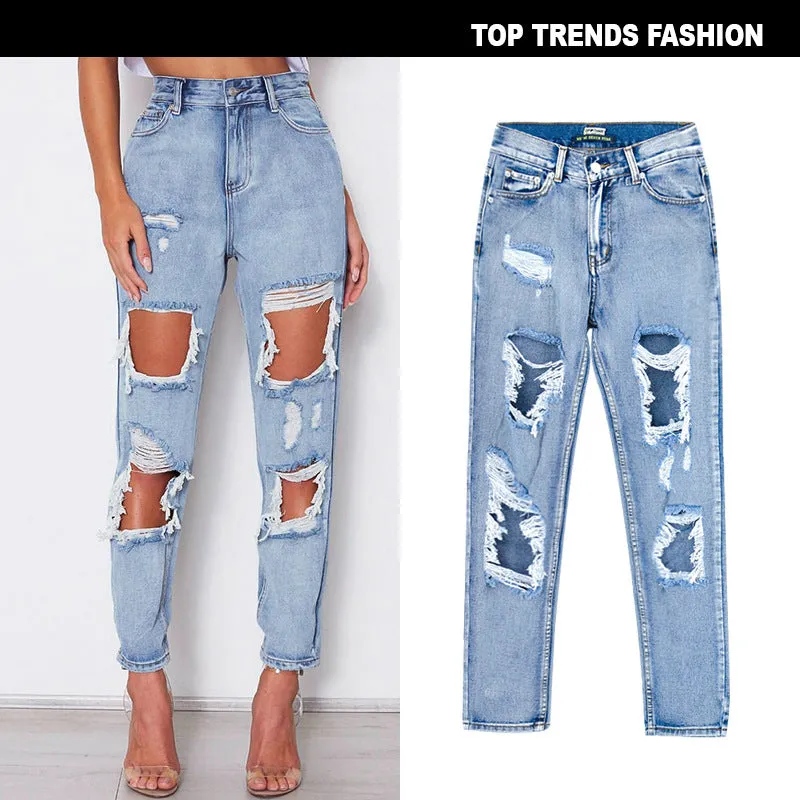 High Waist Loose Washed Denim Irregular Hole Trousers