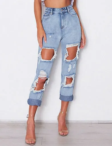 High Waist Loose Washed Denim Irregular Hole Trousers