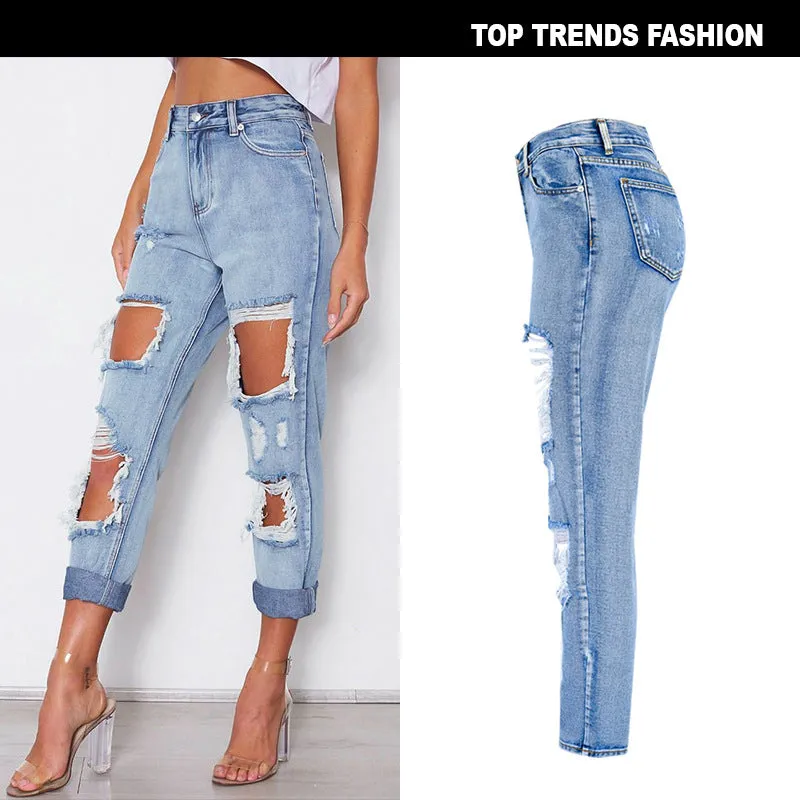 High Waist Loose Washed Denim Irregular Hole Trousers
