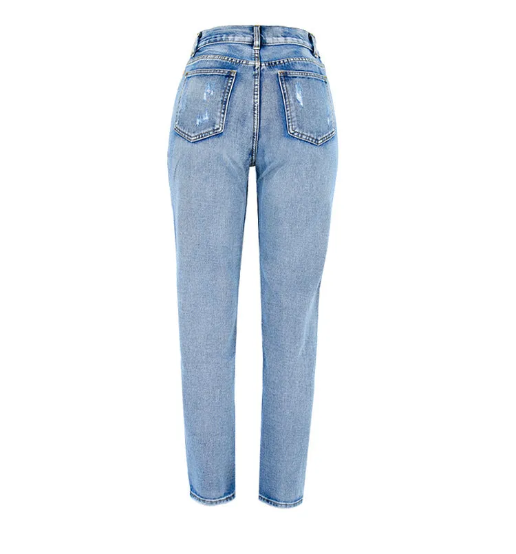 High Waist Loose Washed Denim Irregular Hole Trousers